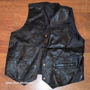 Leather Biker Vest Patchwork Snap Button Front Pockets Black Men's‎ M